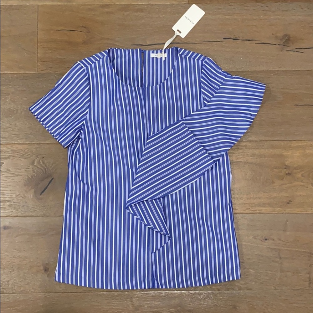 Pleione blue and white pinstripe ruffle blouse